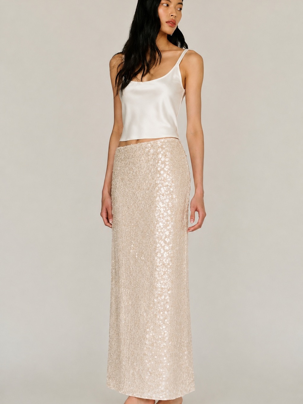 Sequin Maxi Skirt in Champagne